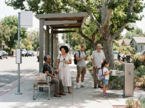 Shaded California neighborhood bus stop